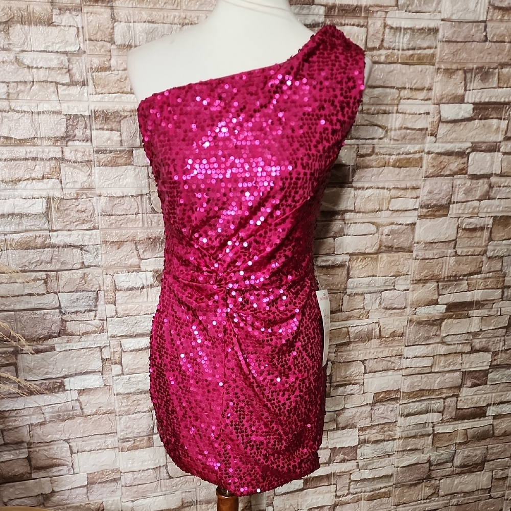 As U Wish One-Shoulder Pink Sequin Dress Brand New